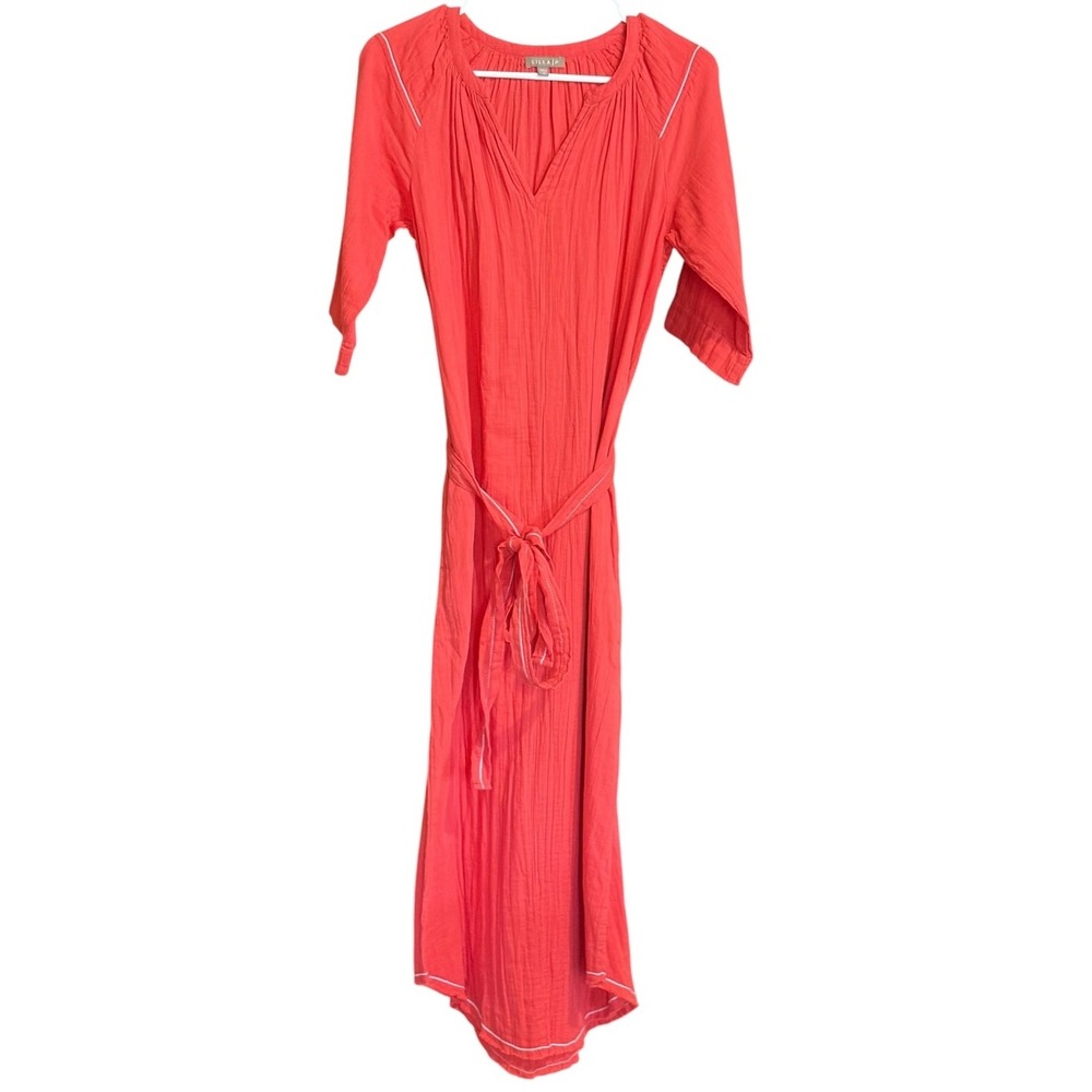 Lilla P Coral Red Gauze Cotton Midi Dress Belted 3/4 Sleeve High Low Hem XS